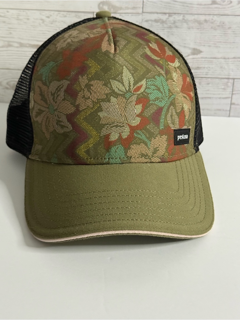 prAna Floral Trucker Hat Mesh SnapBack Adjustable Army Green lower pines